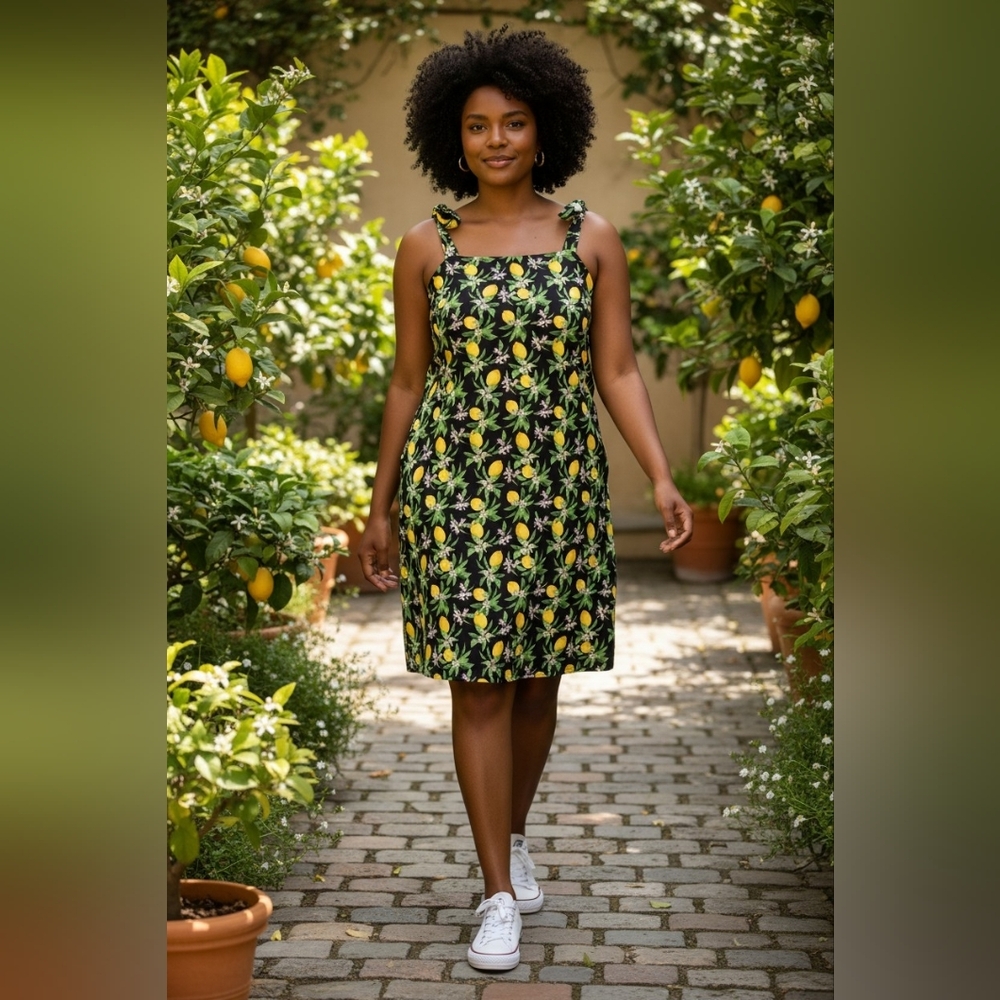 Missguided Lemon Print Tie Shoulder Shift Dress Black Yellow Floral US 14 Fruit